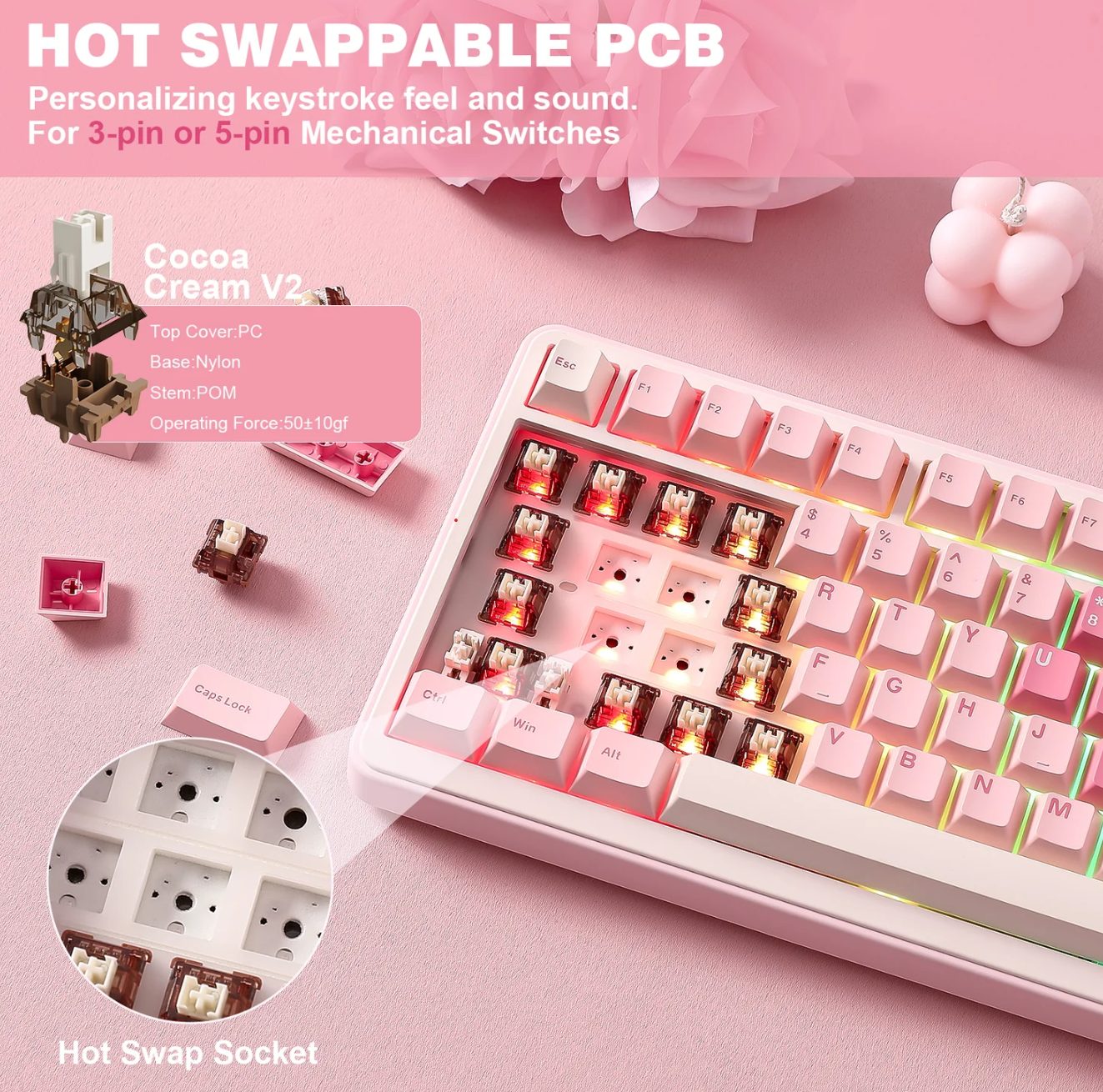 YUNZII B75 Pro Pink Wireless Mechanical Keyboard – 75% with Knob