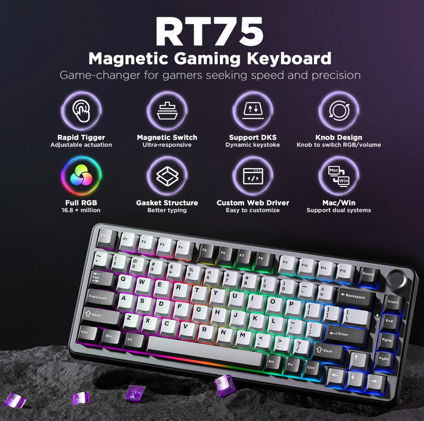 YUNZII RT75 Rapid Trigger Gaming Magnetic Keyboard 75% With Knob