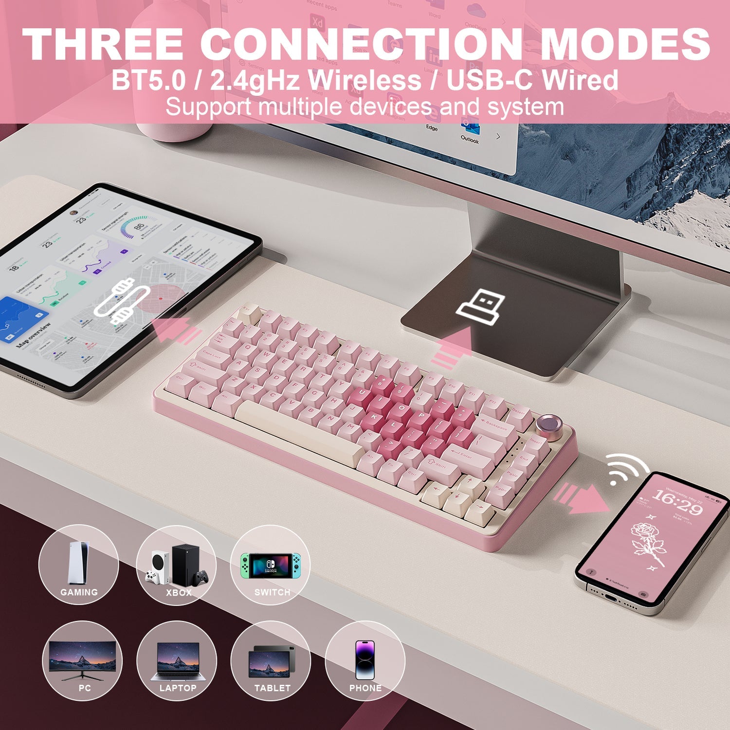 YUNZII B75 Pro Pink Wireless Mechanical Keyboard – 75% with Knob